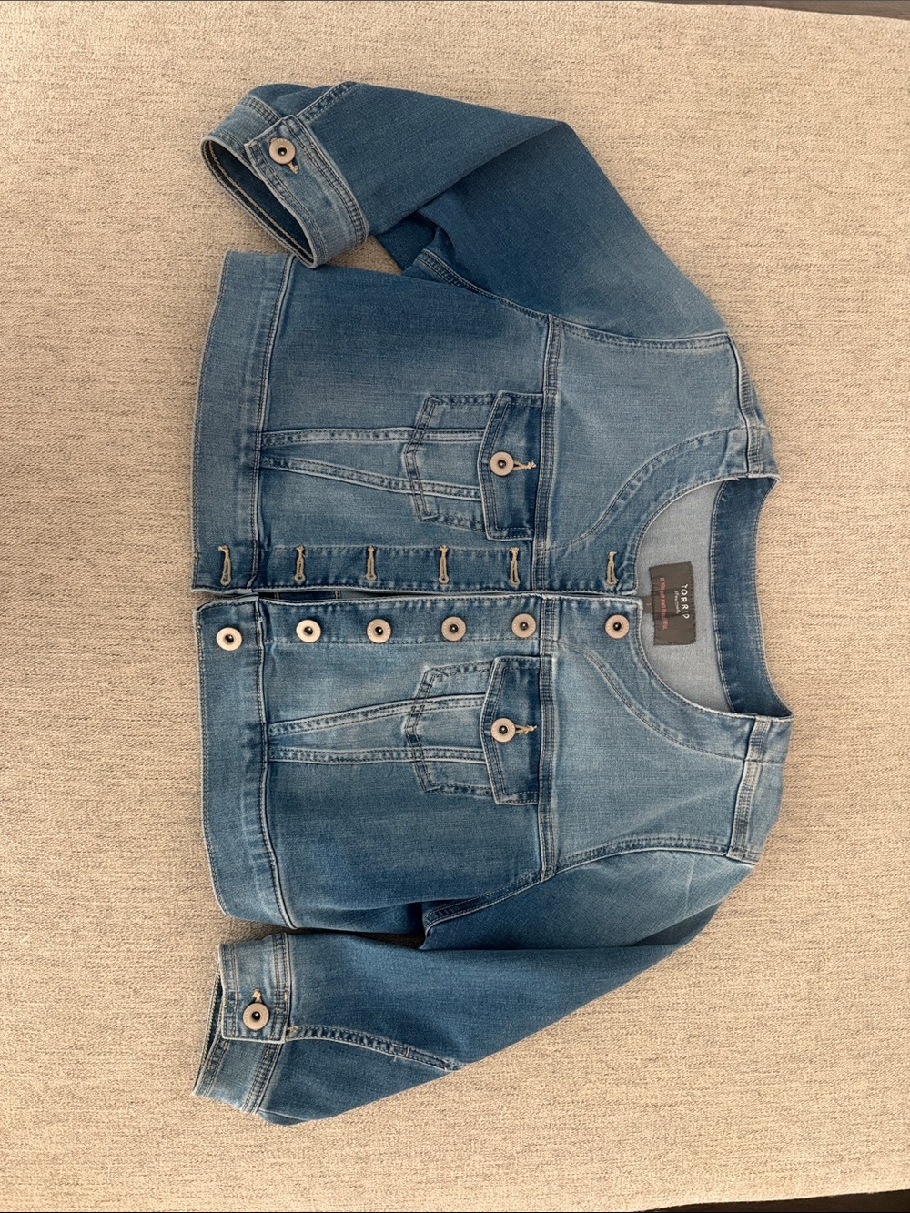 Torrid Medium Wash Blue Denim crop collarless Jacket